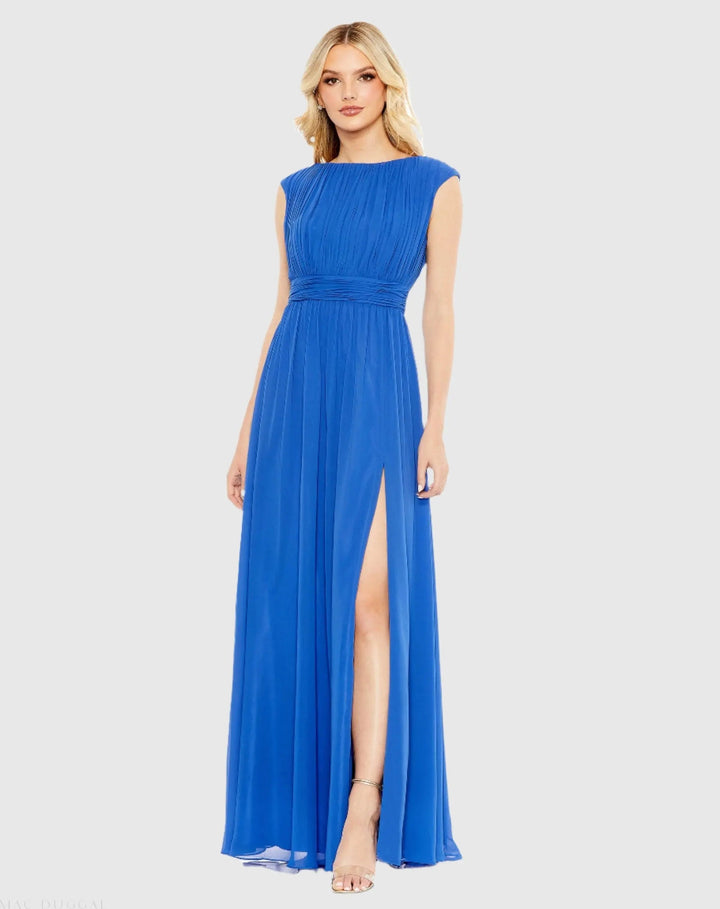 Mac Duggal 55863 Pleated Bateau Cap Sleeve A Line Gown
