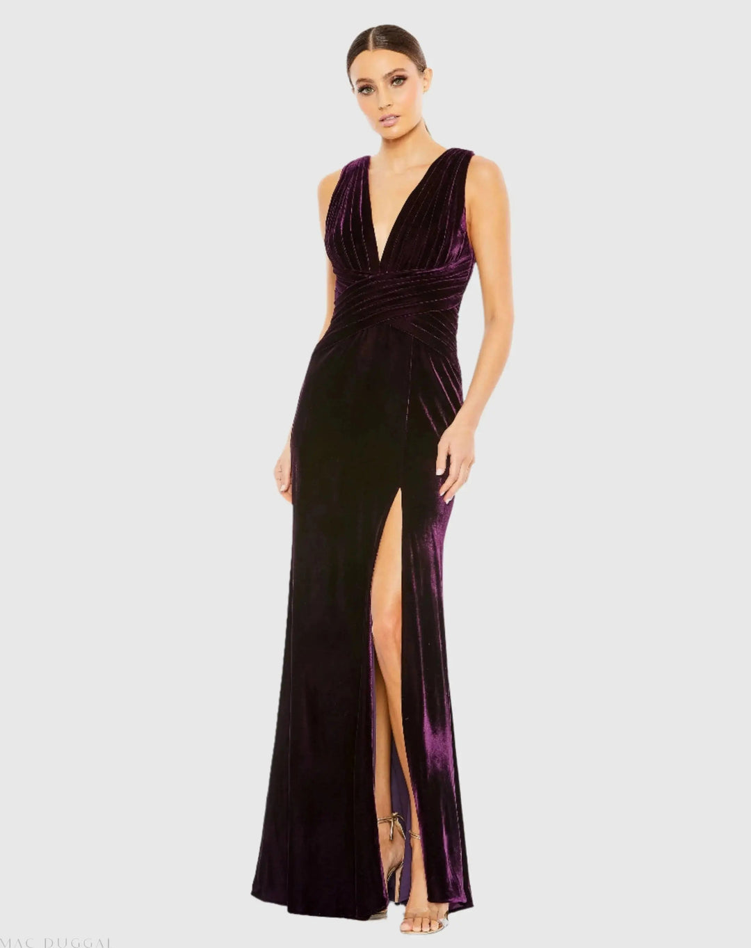 Mac Duggal 55957 Purple Sleeveless Plunge Neck Pleated Velvet Gown