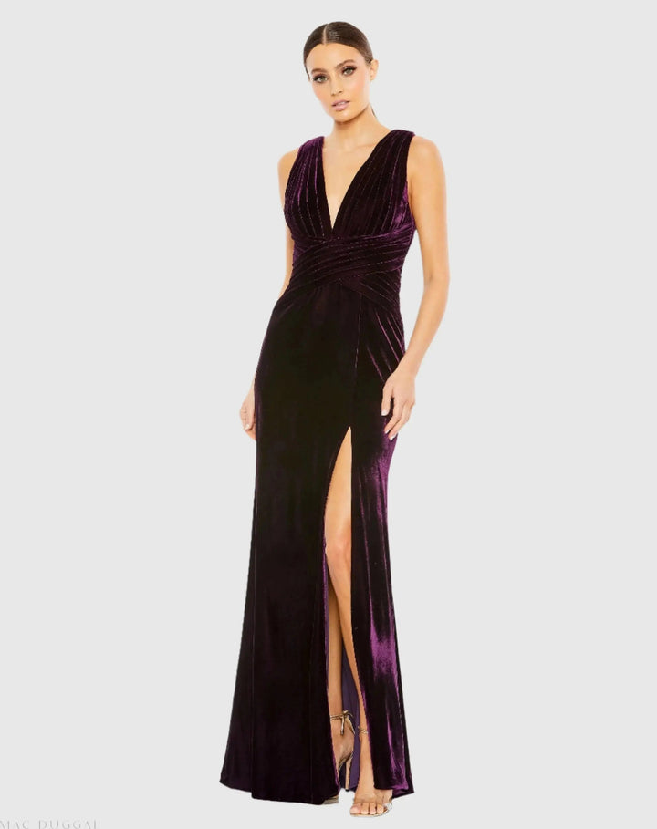 Mac Duggal 55957 Purple Sleeveless Plunge Neck Pleated Velvet Gown