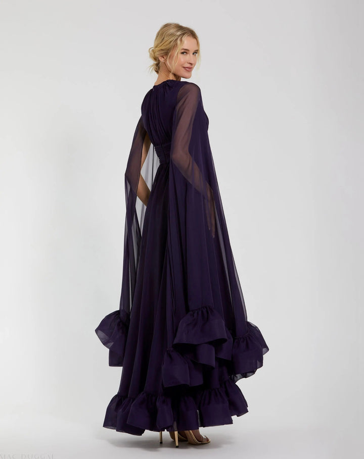 Mac Duggal 56082 Chiffon Cape Sleeve Ankle-Length Dress With Keyhole