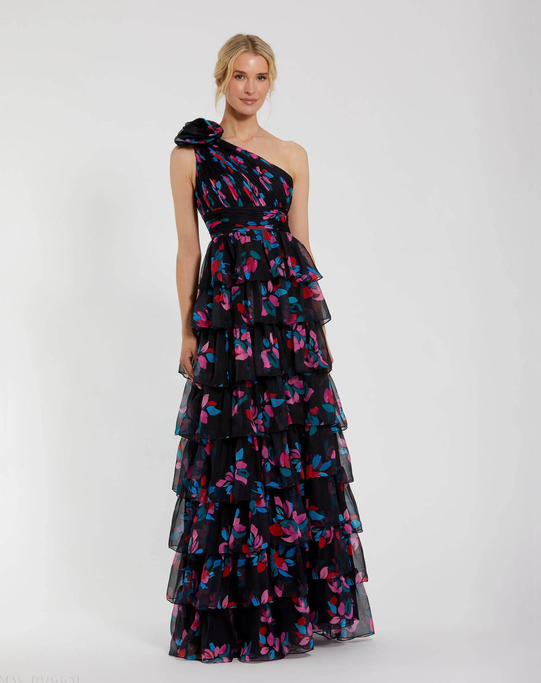 Mac Duggal 56120 Floral Chiffon One Shoulder Tiered Ruffle Gown