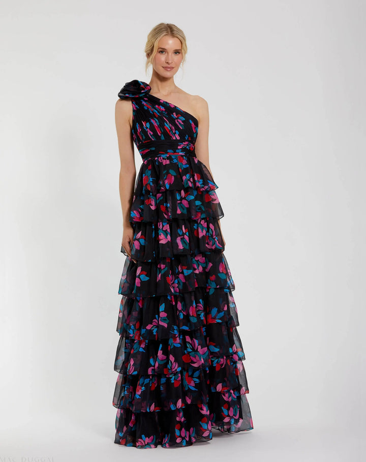 Mac Duggal 56120 Floral Chiffon One Shoulder Tiered Ruffle Gown