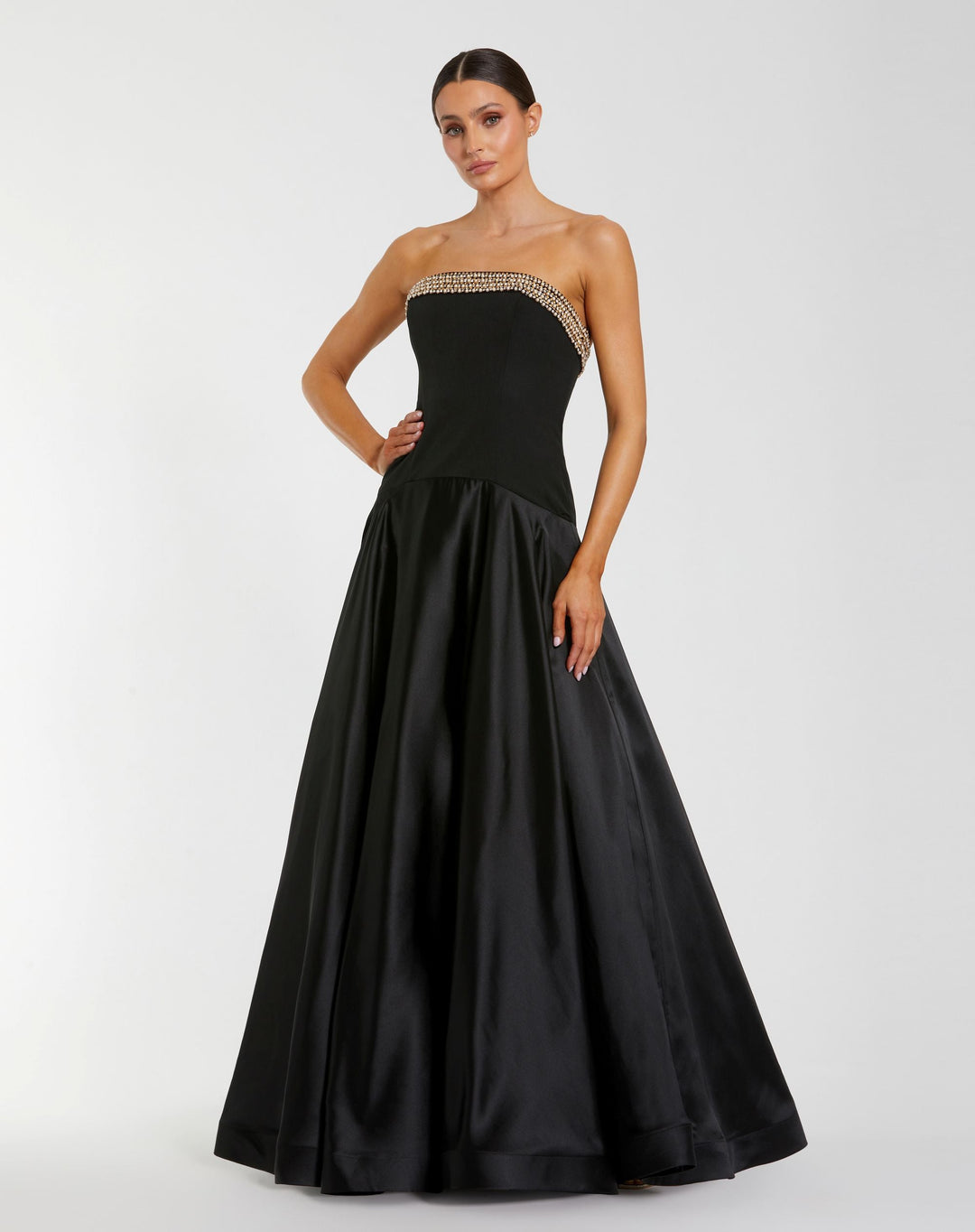 Mac Duggal 56231 Strapless Crepe Bodice Gown With Satin Skirt