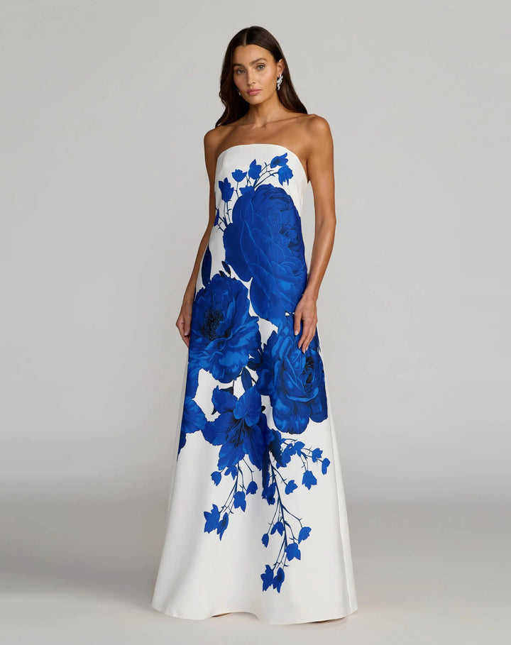 White Floral Printed Strapless Crepe Trapeze Gown - FOSTANI.com