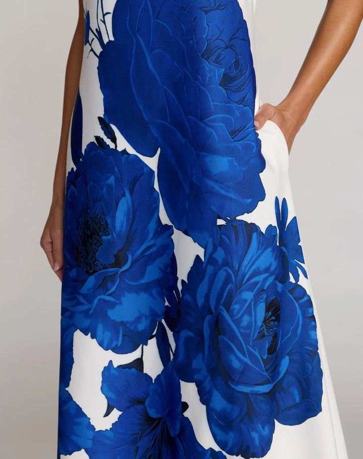 White Floral Printed Strapless Crepe Trapeze Gown - FOSTANI.com