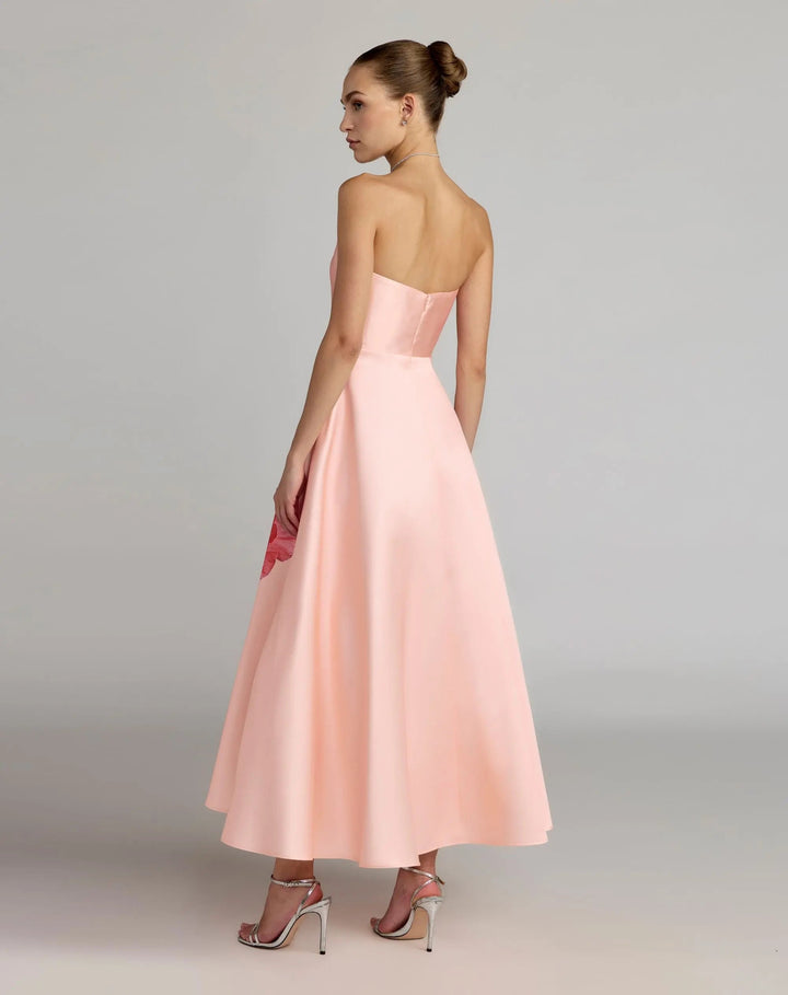 Pink Strapless A Line Midi Dress With Flower Print - FOSTANI.com