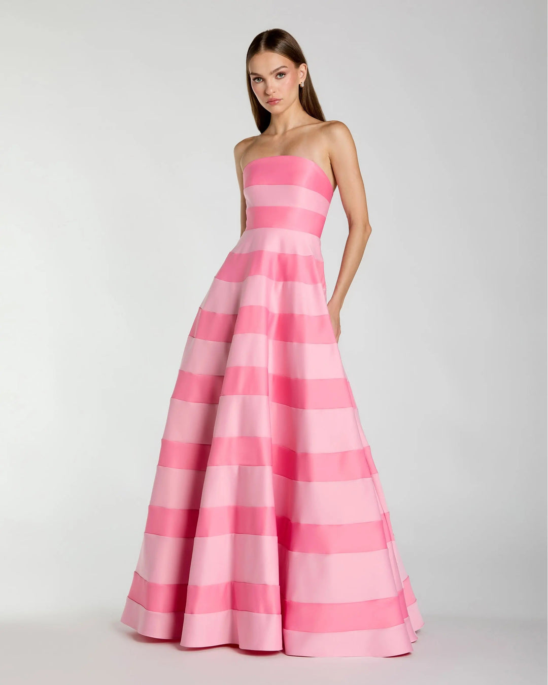 Mac Duggal 9956353P Pink Striped Strapless Satin Ballgown With Pockets
