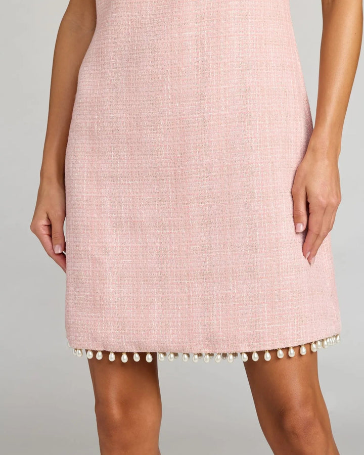 Pink Boucle Pearl Mini Dress With Bow - FOSTANI.com