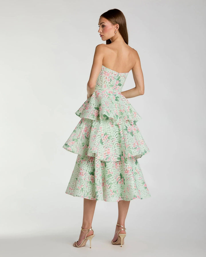 Green Floral Tiered Strapless Midi Dress - FOSTANI.com