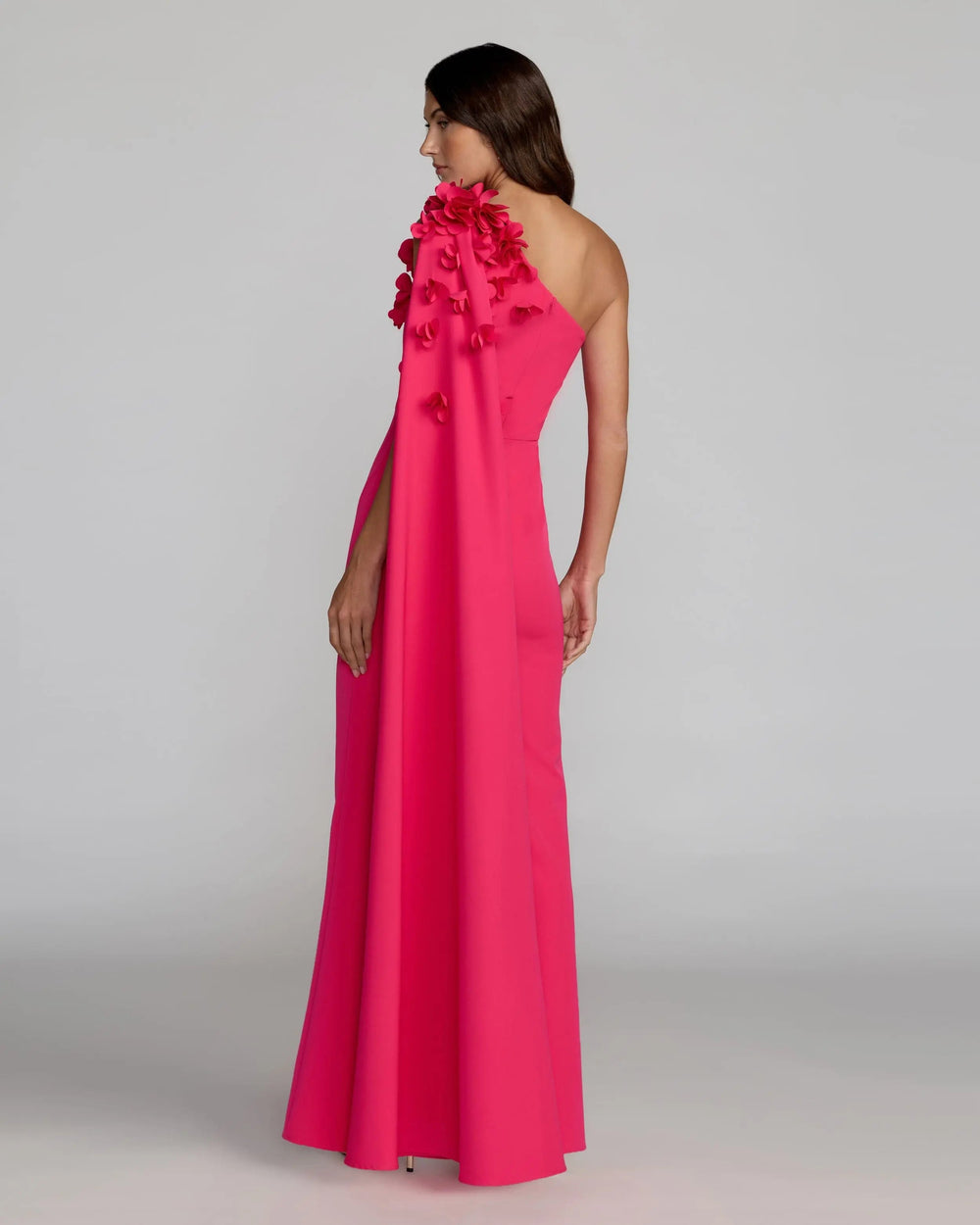 Mac Duggal 56394 Pink One Shoulder 3D Floral Cape Gown - FOSTANI.com