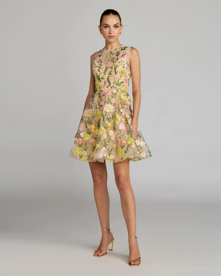 Yellow Floral Embroidered Sleeveless A-Line Mini Dress - FOSTANI.com