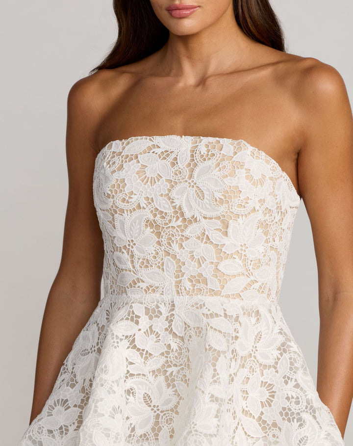 White and Beige Strapless Lace Tiered Ruffle Midi Dress - FOSTANI.com