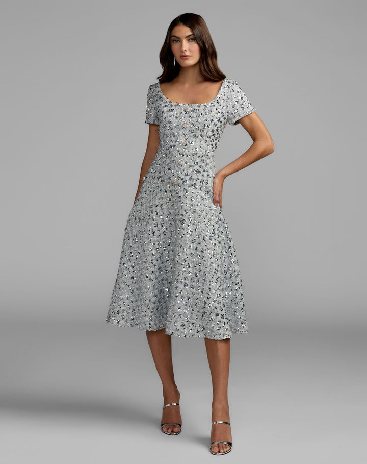 Mac Duggal 56451 Sequin Button Up Boucle Midi Dress