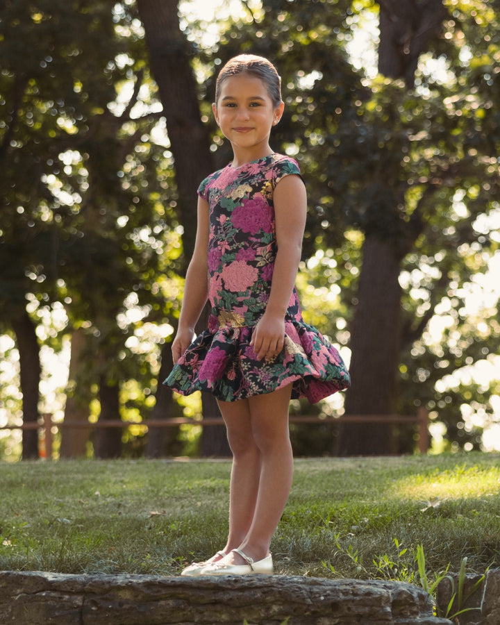 Mac Duggal 56538 Girls Floral Brocade Drop Waist Mini Dress