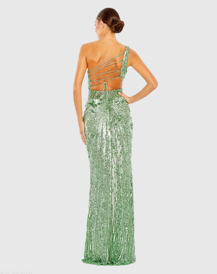 Mac Duggal 5687 Green Sequined One Shoulder Draped Lace Up Gown
