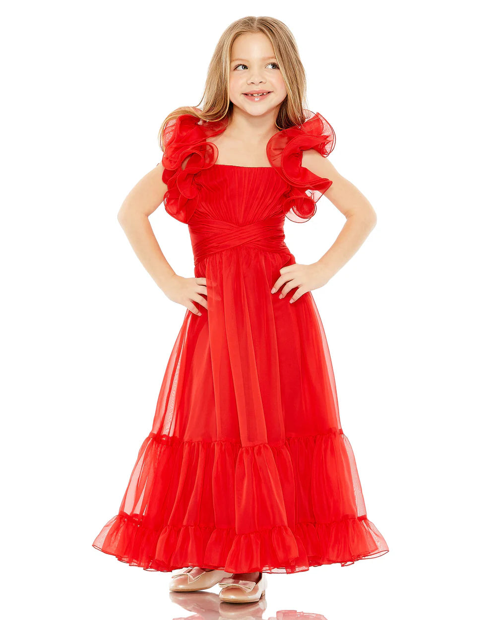 Mac Duggal 68669 Girls Floral Chiffon Ruffle Shoulder Dress