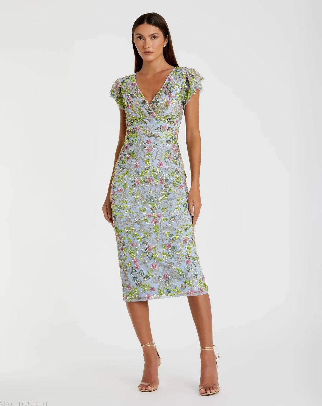 Mac Duggal 5722 Floral Embellished Flutter Cap Sleeve Dress