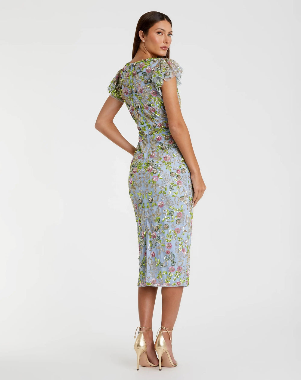 Mac Duggal 5722 Floral Embellished Flutter Cap Sleeve Dress