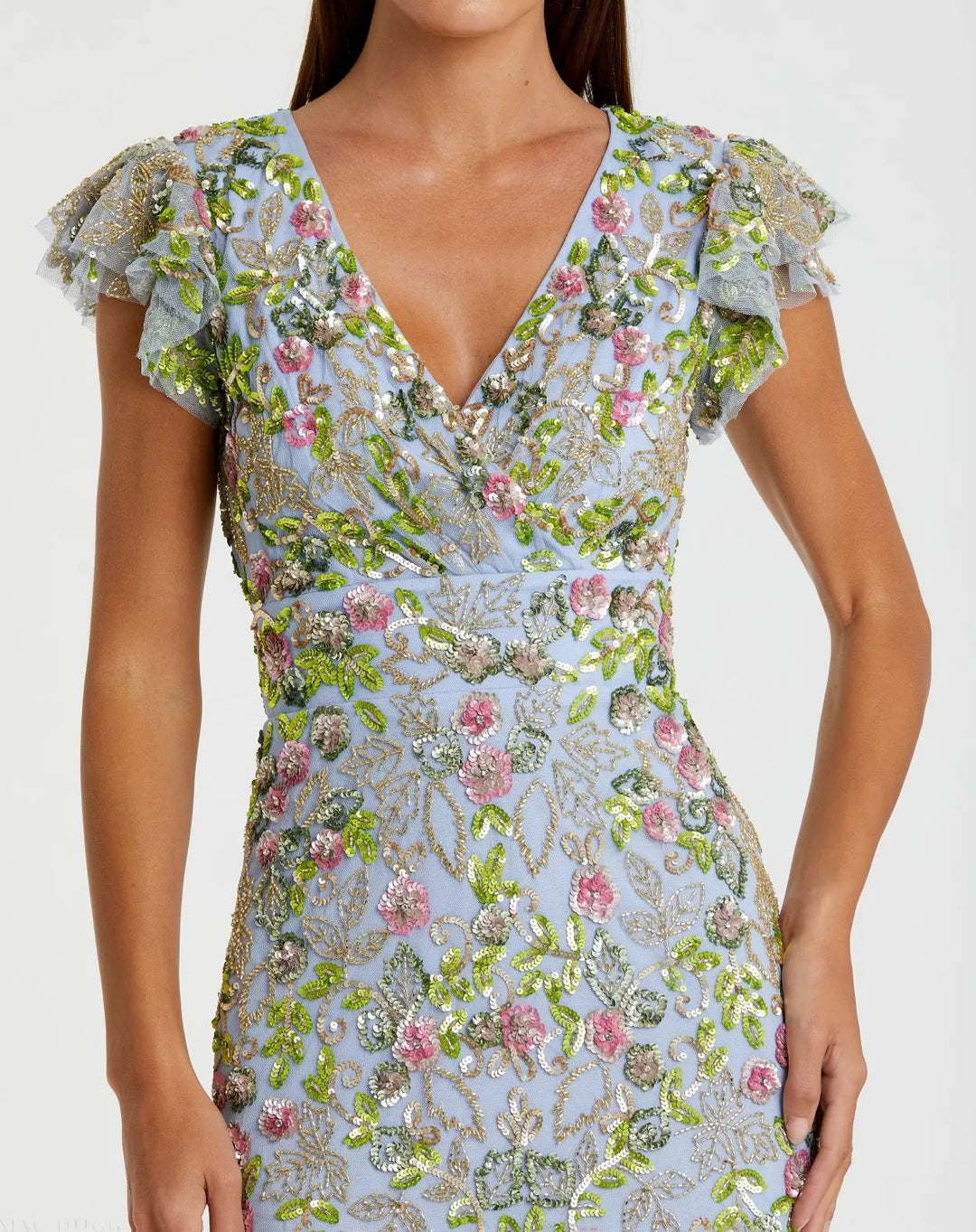 Mac Duggal 5722 Floral Embellished Flutter Cap Sleeve Dress