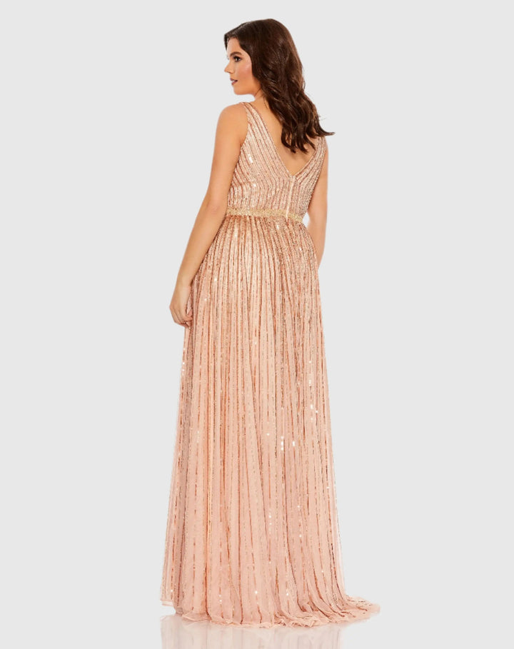 Mac Duggal 5755 Sequined Striped Sleeveless V Neck A Line Gown (Plus)