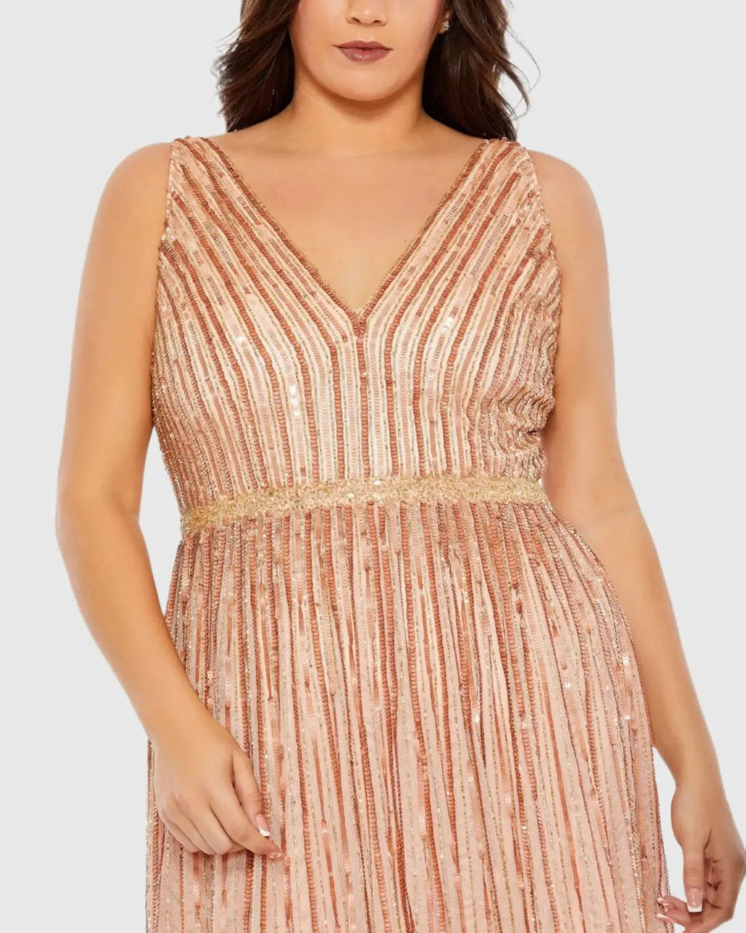 Mac Duggal 5755 Sequined Striped Sleeveless V Neck A Line Gown (Plus)