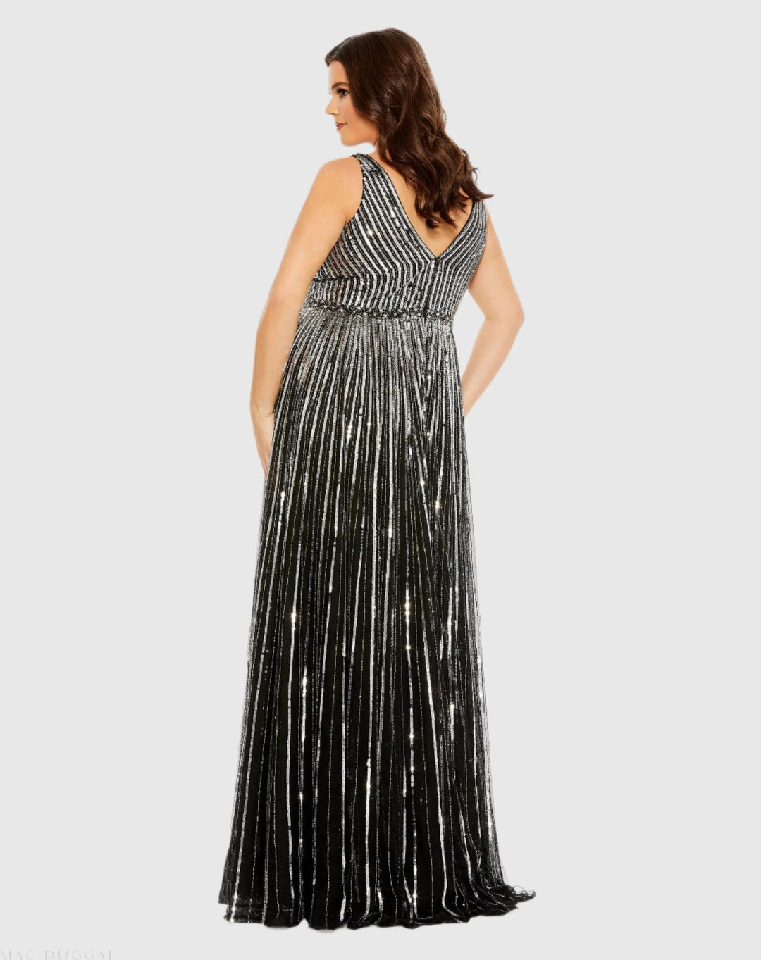 Mac Duggal 5755 Sequined Striped Sleeveless V Neck A Line Gown (Plus)