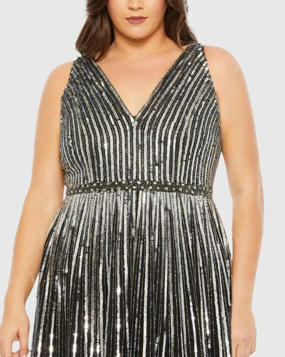 Mac Duggal 5755 Sequined Striped Sleeveless V Neck A Line Gown (Plus)