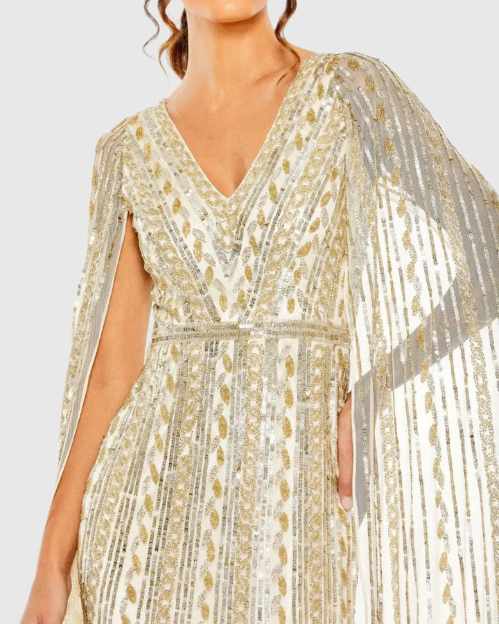 Mac Duggal 5915 Sequined V-Neck Gown with Cape Sleeves