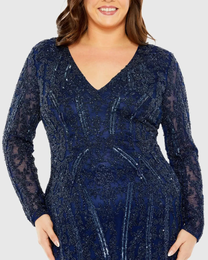 Mac Duggal 5938 Navy Long Sleeve Embellished Dress
