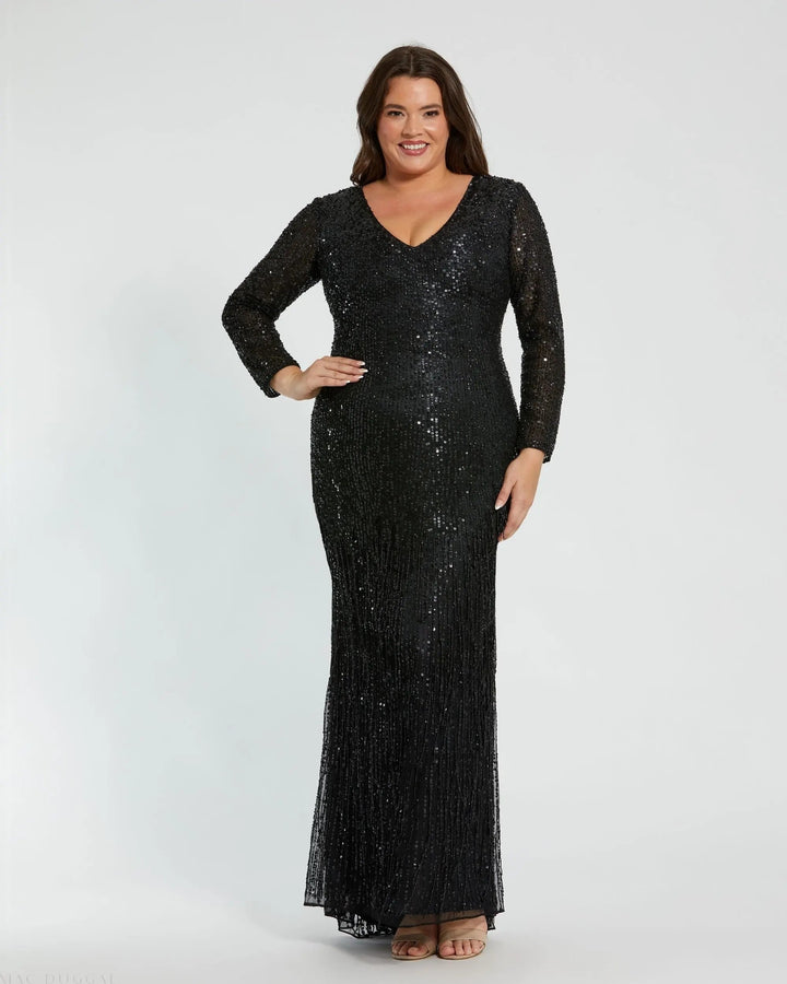 Mac Duggal 5947 Black Long Sleeve V-Neck Beaded Fringe Gown