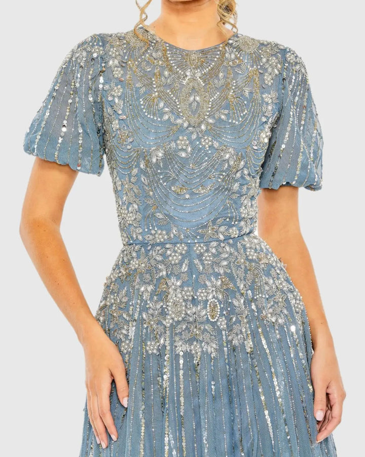 Mac Duggal 5991 High Neck Puff Sleeve Embellished A Line Gown