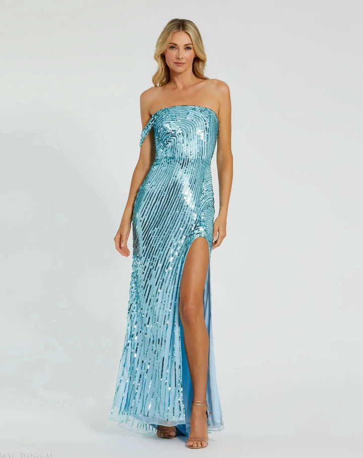Mac Duggal 6072 One Shoulder Mesh Sequin Gown With Slit