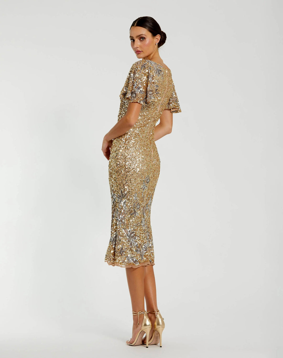 Mac Duggal 6118 Gold Flutter Sleeve Floral Embellished Sequin Midi Dress