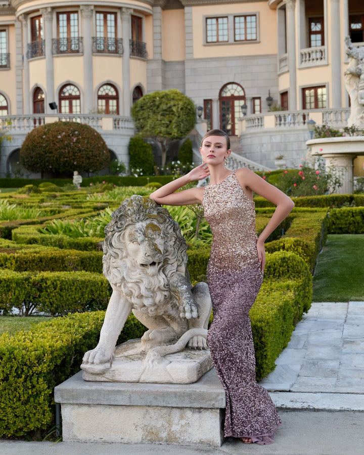 Mac Duggal 6145 Gold Brown Ombre Sequin Cowl Back Gown