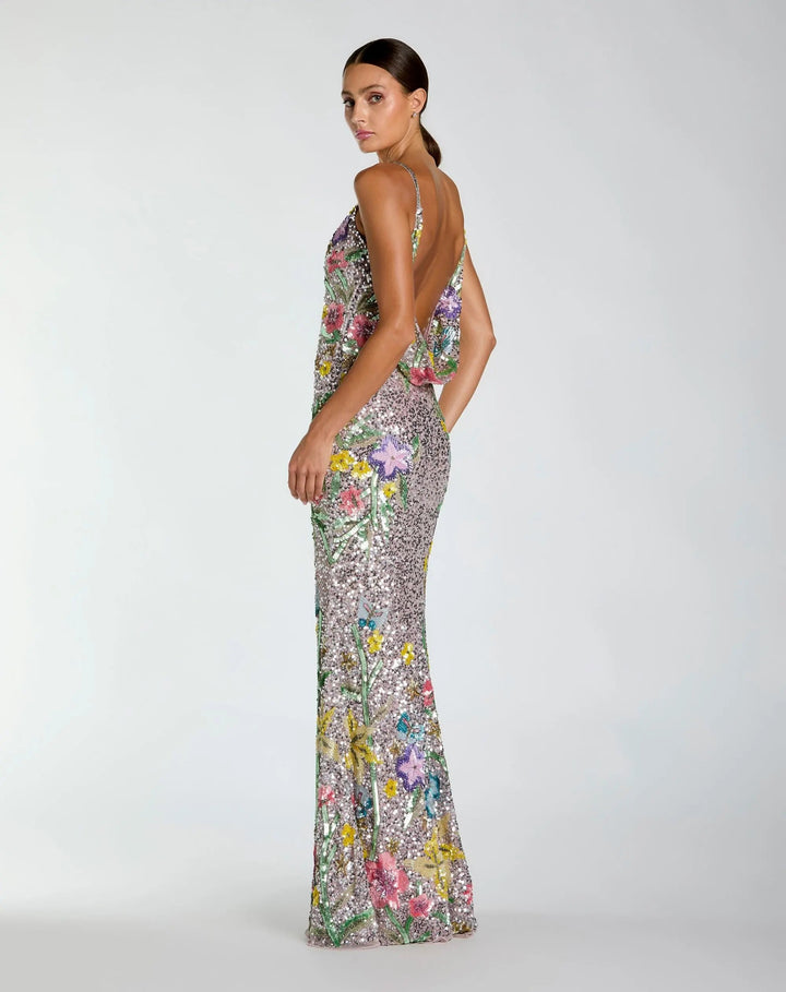 Silver Embellished Sleeveless Cowl Back Gown - FOSTANI.com