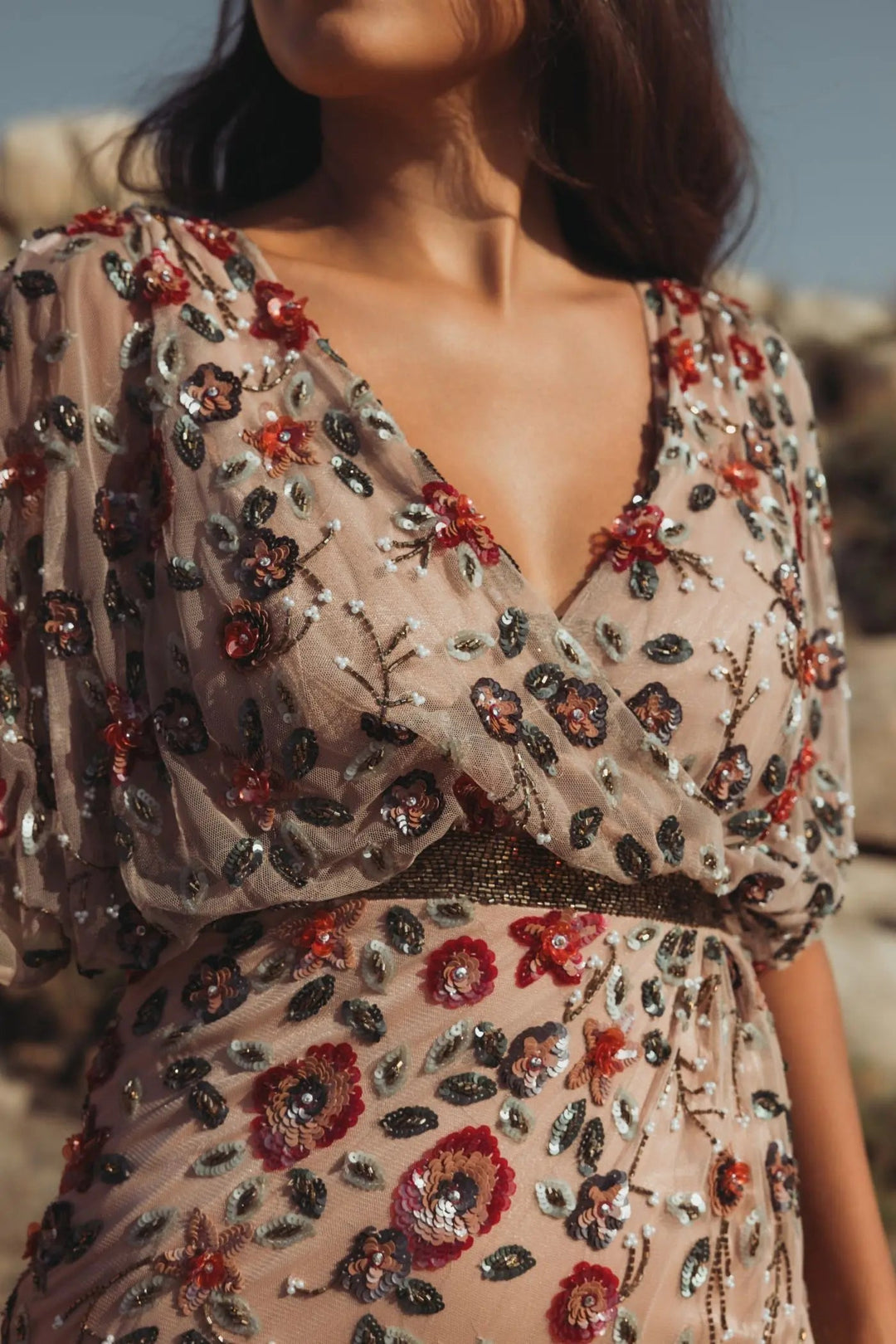 Beige Floral Embellished Short Sleeve Blouson Gown - FOSTANI.com