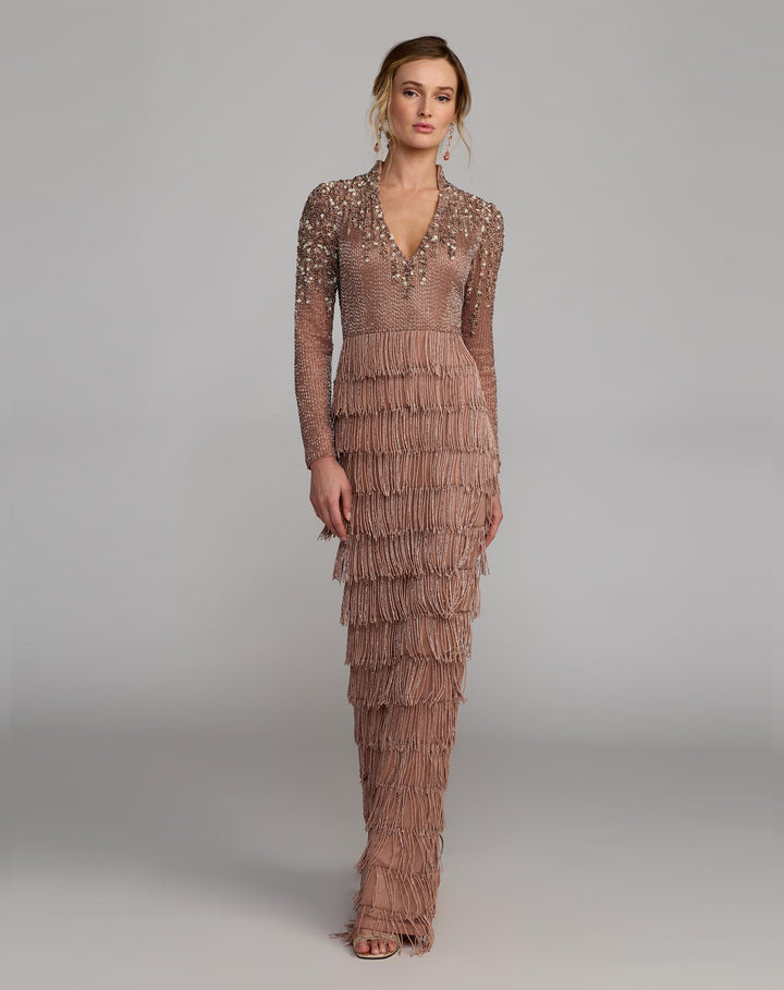 Mac Duggal 6188 Beaded Long Sleeve Fringe Column Gown