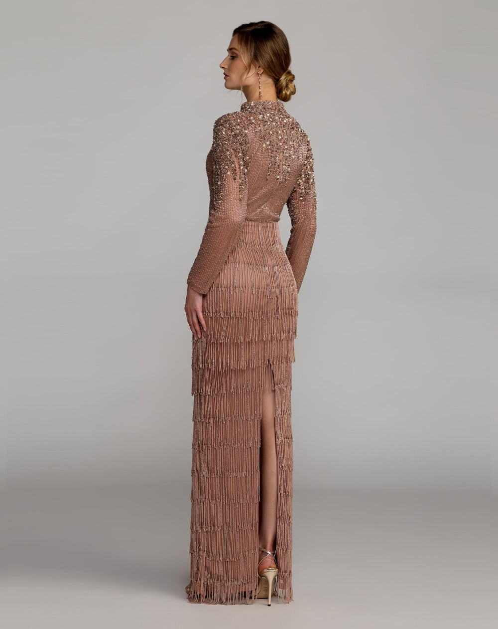 Mac Duggal 6188 Beaded Long Sleeve Fringe Column Gown