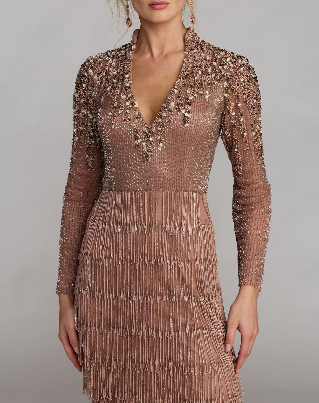 Mac Duggal 6188 Beaded Long Sleeve Fringe Column Gown