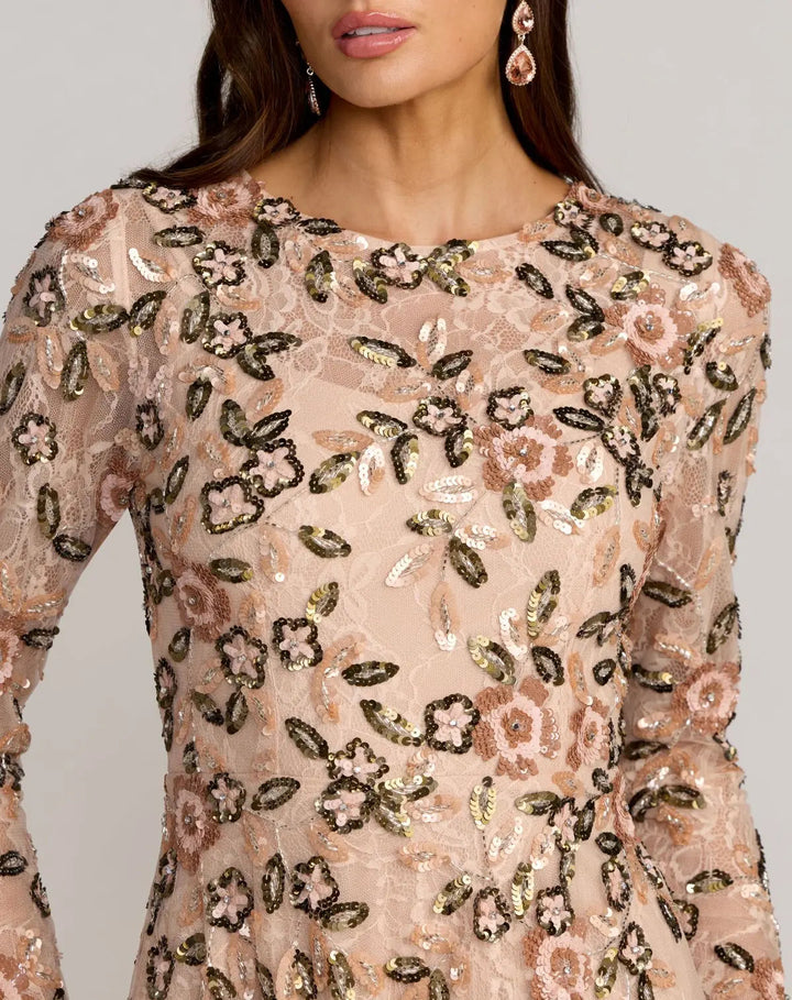 Mac Duggal 6239 Embellished Lace Floral Long Sleeve A-Line Gown