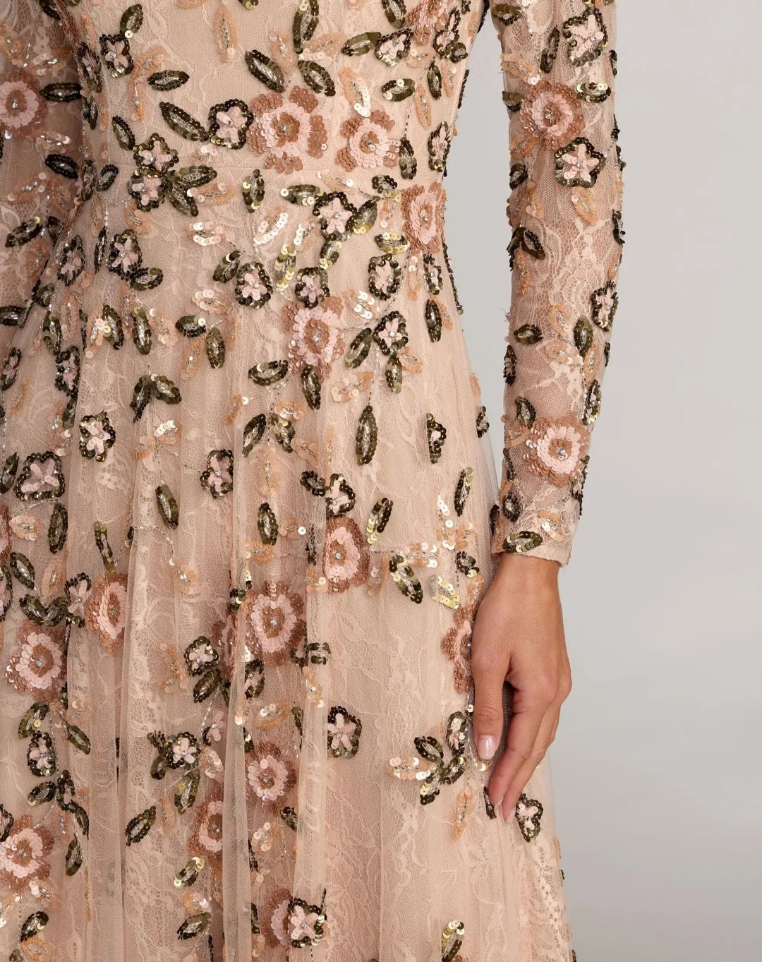 Mac Duggal 6239 Embellished Lace Floral Long Sleeve A-Line Gown