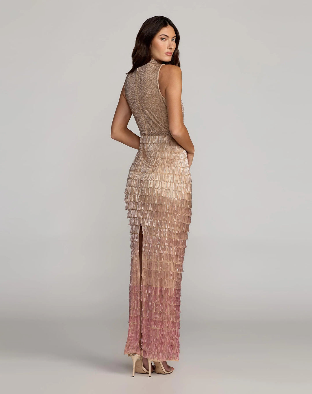 Mac Duggal 6254 Mock Neck Sleeveless Beaded Fringe Gown