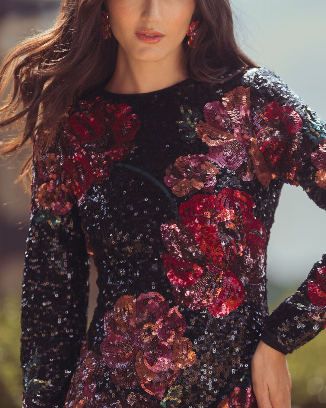 Mac Duggal 6261 Floral Sequin Embellished Long Sleeve Mini Dress