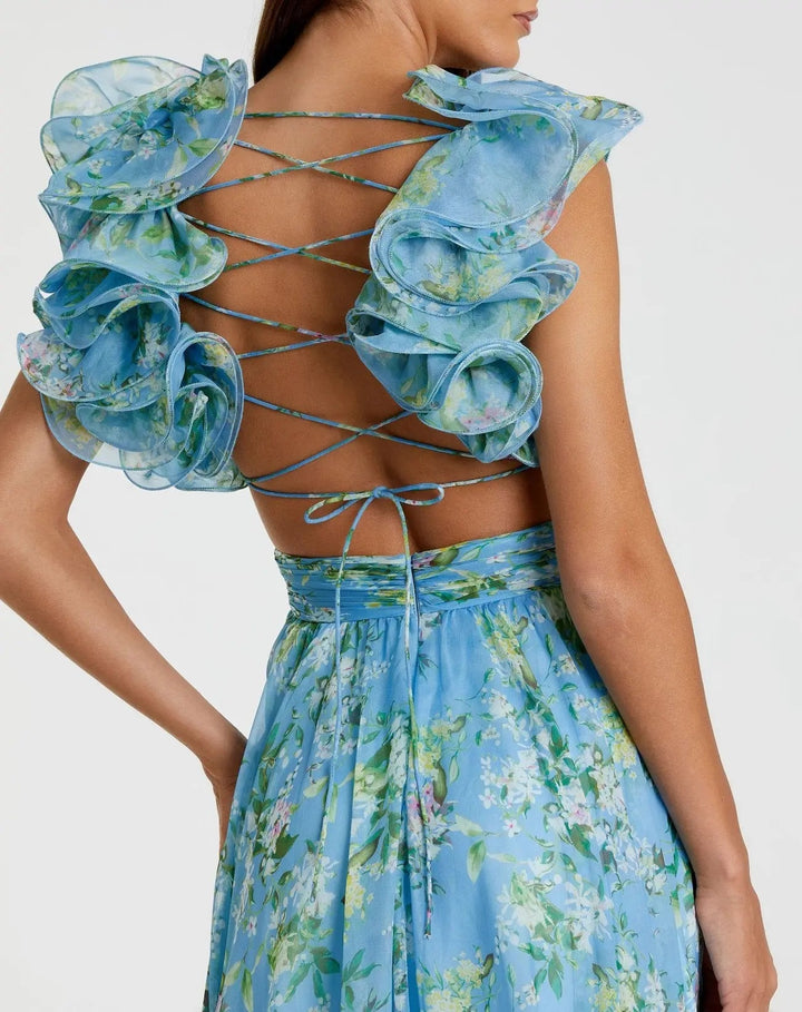 Blue Ruffle Tiered Floral Cut-Out Chiffon Gown - FOSTANI.com