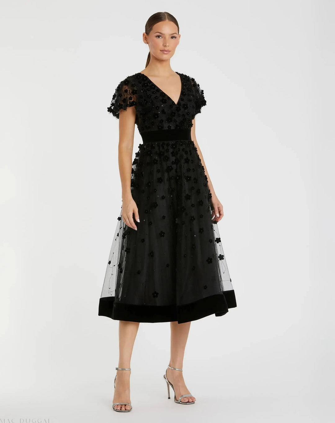 Mac Duggal 67854 Embellished Butterfly Sleeve Velvet Hem Midi Dress