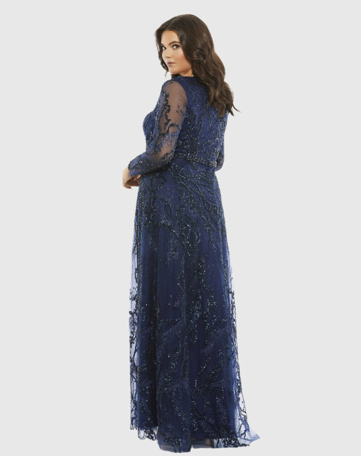 Mac Duggal 67922 Embellished Illusion Long Sleeve V-Neck A-Line Gown (Plus)