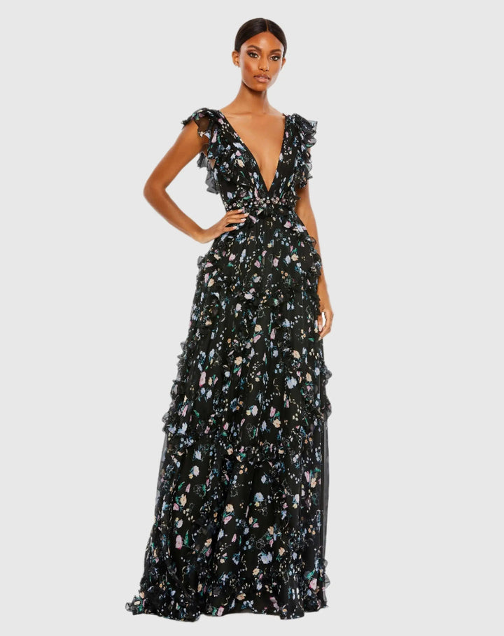 Mac Duggal 68090 Ruffled Floral Print Cap Sleeve Gown