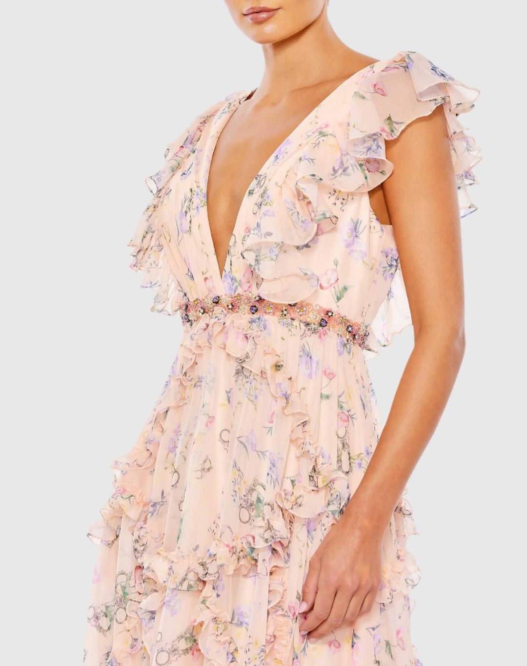 Mac Duggal 68090 Ruffled Floral Print Cap Sleeve Gown