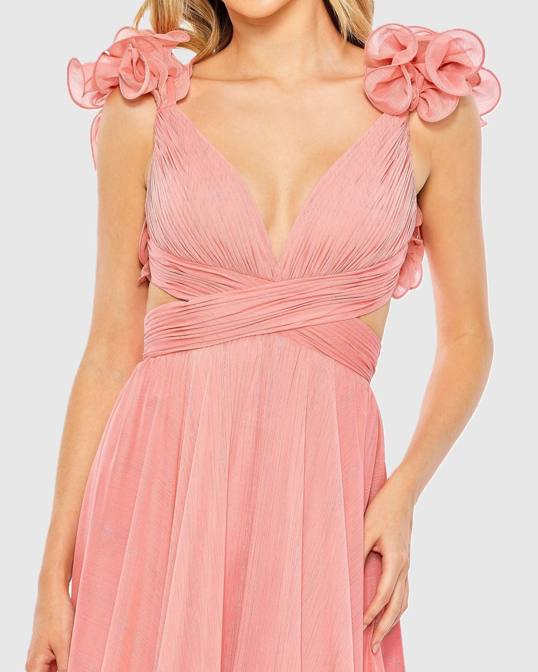 Mac Duggal 68094 Pink Ruffle Sleeve V Neck A Line Gown
