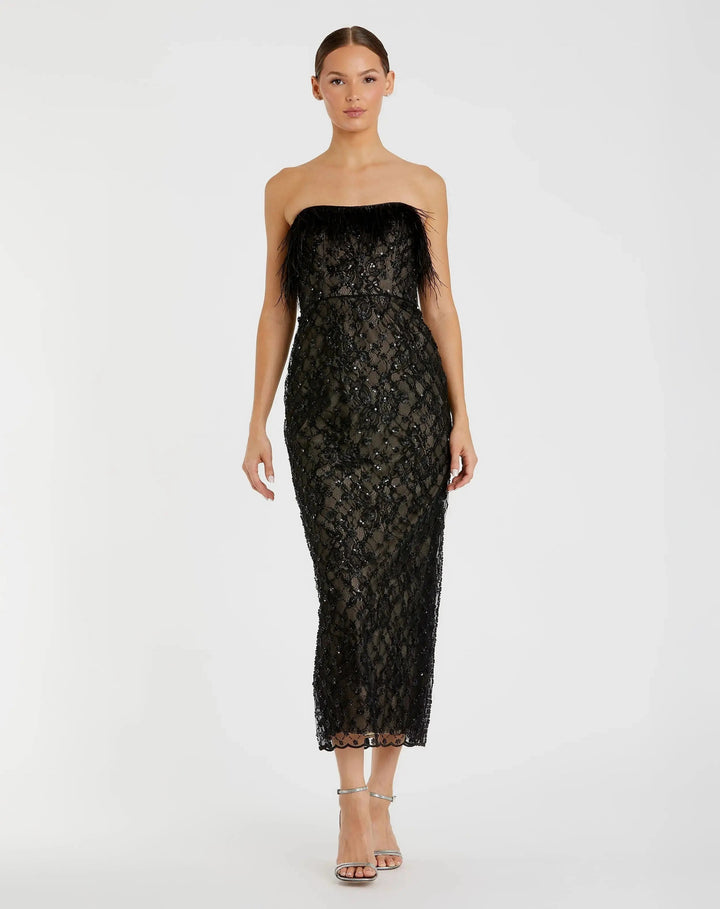 Mac Duggal 68140 Black Embellished Feather Strapless Column Dress